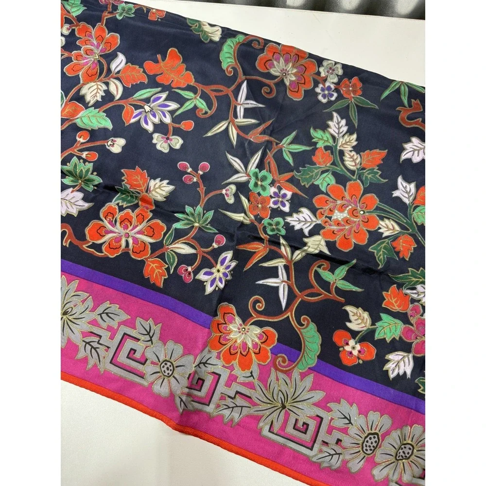 VTG Oscar de La Renta Silk Scarf Floral Pink Fuchsia Navy Blue Square 35